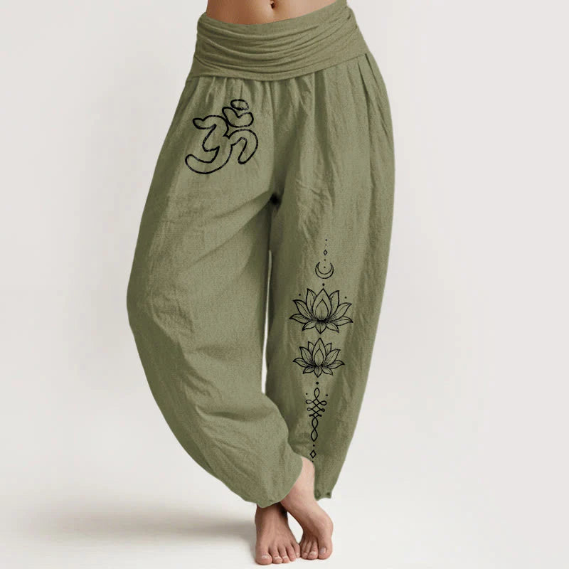 Buddha Stones Pure Cotton Minimalist Design Om Symbol Lotus Moon Pattern Women's Elastic Waist Harem Pants