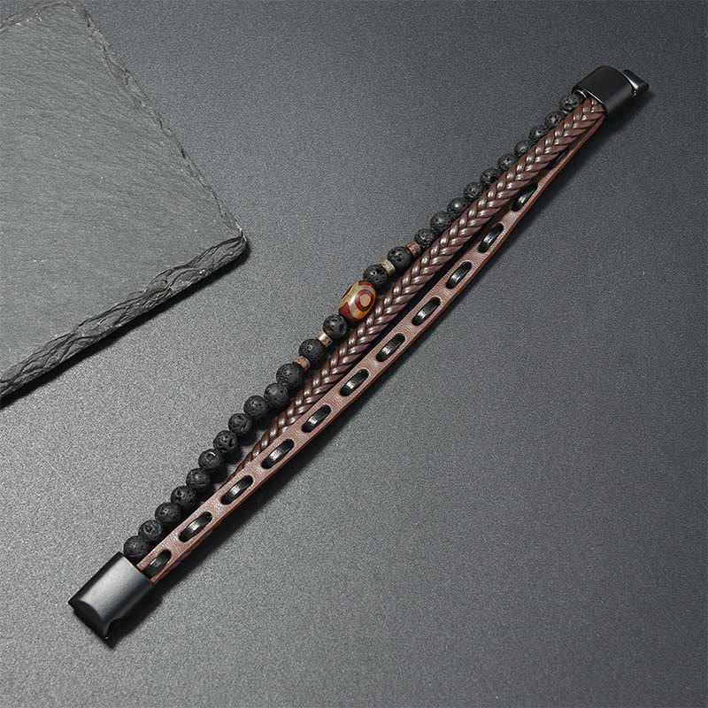FREE Today: Wealth and Protection Dzi Bead Lava Rock Multilayered Braided Leather Bracelet