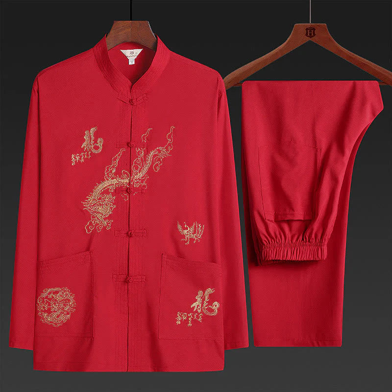 Buddha Stones Chinese New Year Embroidered Dragon Frog-button Tang Suit Hanfu Traditional Uniform Long Sleeve Top Pants Clothing Men's Set