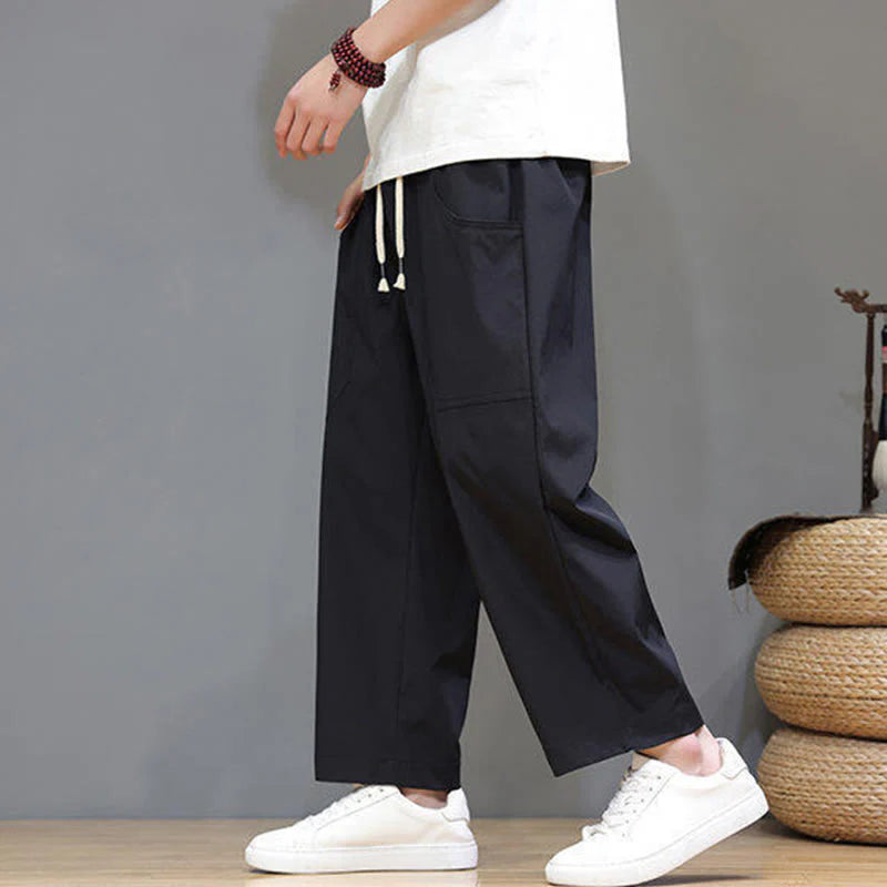 Buddha Stones Summer Solid Color Drawstring Straight Leg 7-8 Length Men's Pants With Pockets