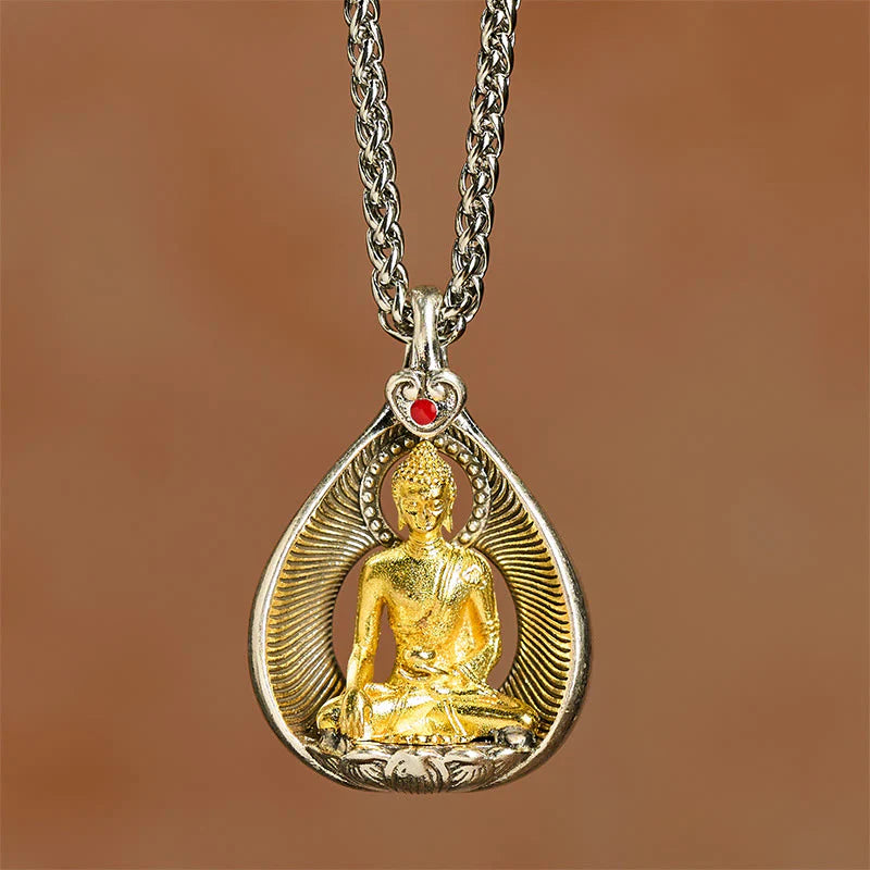 Buddha Stones Green Tara Shakyamuni Buddha Copper Plated Silver Curb Chain Luck Pendant Necklace