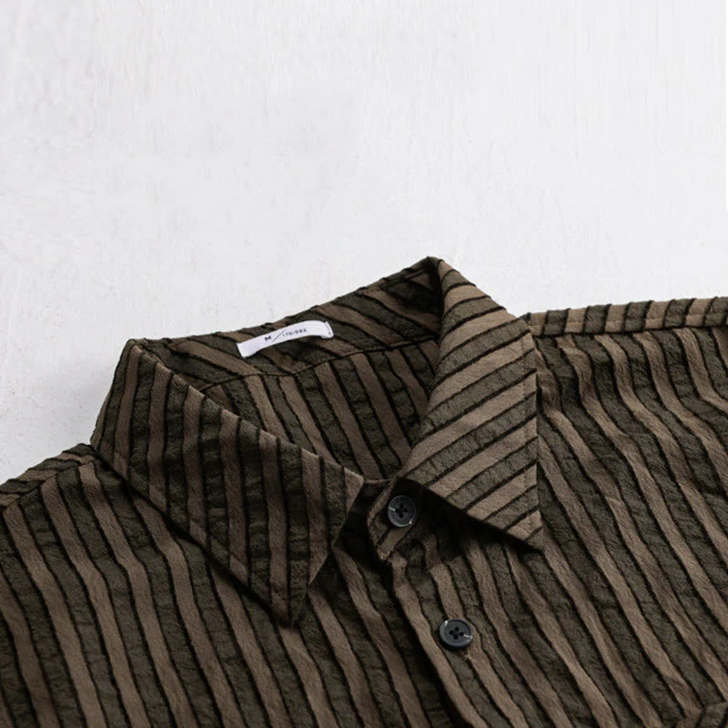 Buddha Stones Vintage Striped Buttons Down Stand Collar Long Sleeve Men's Cotton Shirt