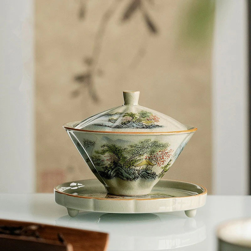 Buddha Stones Pine Mountain Forest Landscape Ceramic Gaiwan Sancai Teacup Kung Fu Tea Cup And Saucer With Lid (Extra 35% Off | USE CODE: FS35)