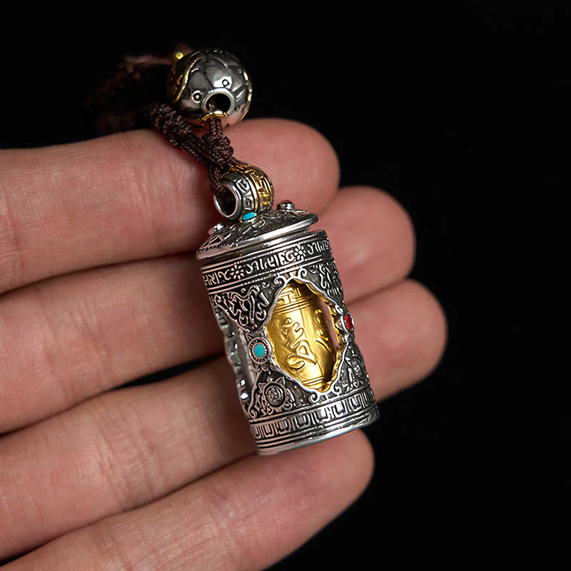 Buddha Stones Om Mani Padme Hum Ghau Prayer Box Copper Plated Silver Luck Key Chain