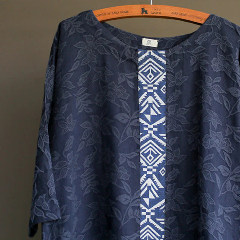Buddha Stones Blue Flowers Embroidery Jacquard Midi Dress Three Quarter Sleeve Cotton Dress With Pockets