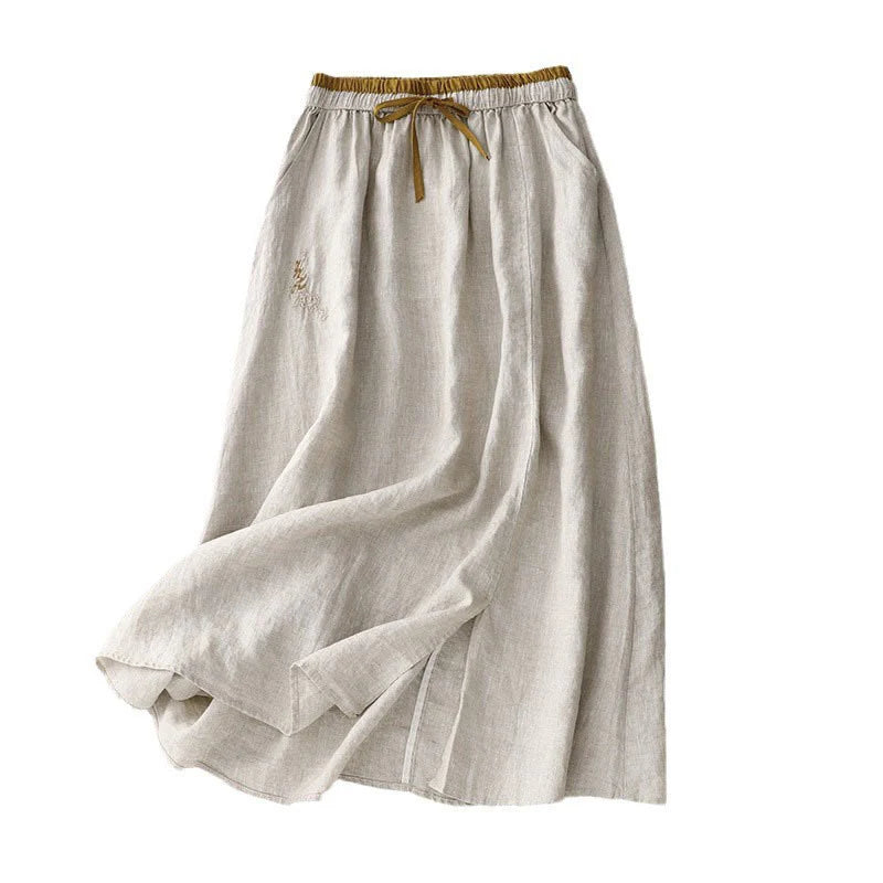 Buddha Stones Vintage Solid Embroidery Drawstring Women's Skirt With Pockets