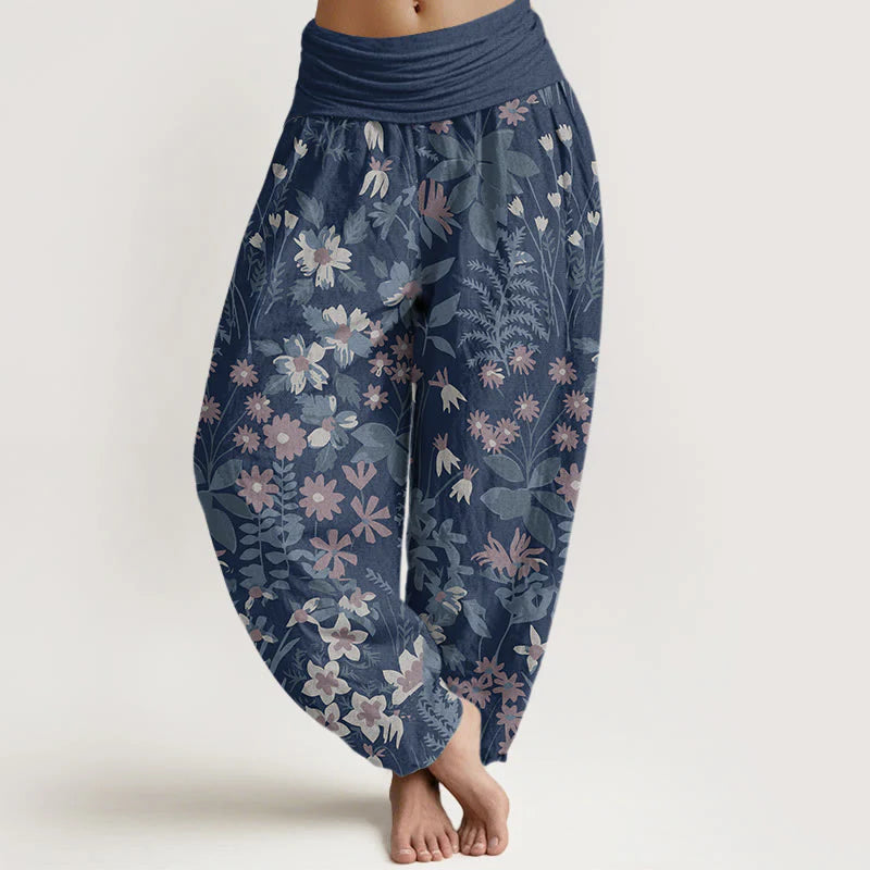 Buddha Stones Cotton Casual Daisy Flowers Leaves Design Women's Elastic Waist Harem Pants