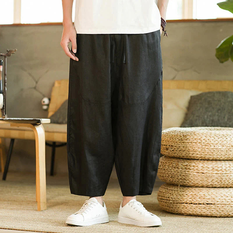 Buddha Stones Casual Retro Solid Color Simple Design Drawstring Men's Linen Elastic Waistband Harem Pants With Pockets