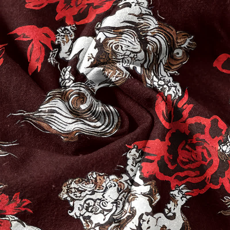 Buddha Stones Cotton Red Floral Cloud Print Henley Men's Short Sleeve Half Button Shirt