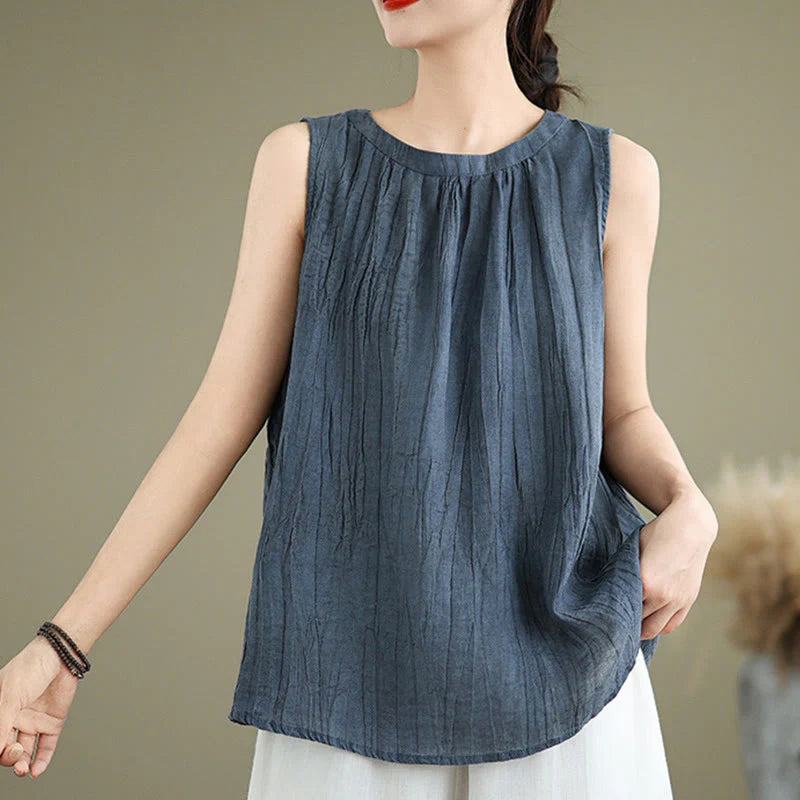 Buddha Stones Summer Wrinkles Simple Design Crew Neck Cotton Linen Women's Sleeveless Vest Waistcoat