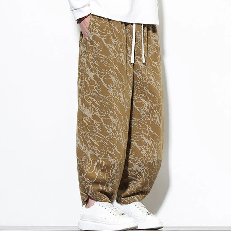 Buddha Stones Fall Textured Lines Print Cotton Elastic Waist Ankle-Length Men's Harem Pants With Pockets
