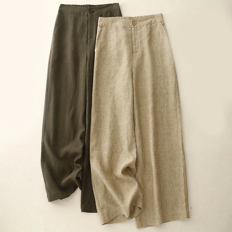 Buddha Stones Casual Plain Women's Cotton Linen Elastic Waist  Wide Leg Pants With Pockets