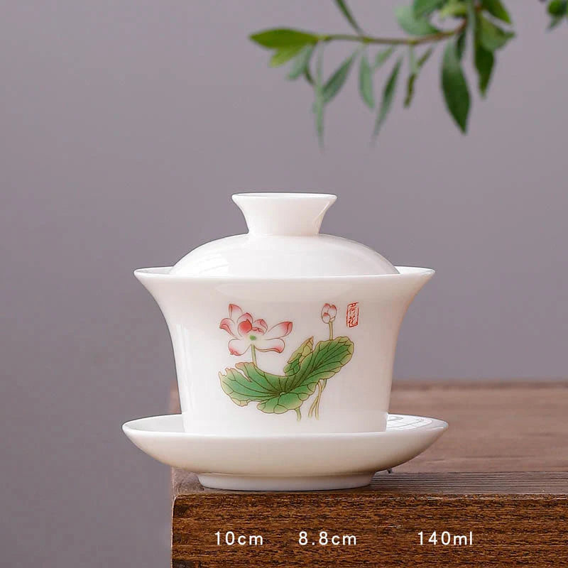 Buddha Stones White Porcelain Mountain Landscape Countryside Ceramic Gaiwan Teacup Kung Fu Tea Cup And Saucer With Lid