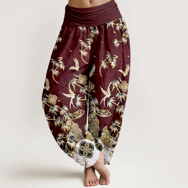 Buddha Stones Bird Bamboo Pattern Cotton Women's Harem High Elastic Waist Pants