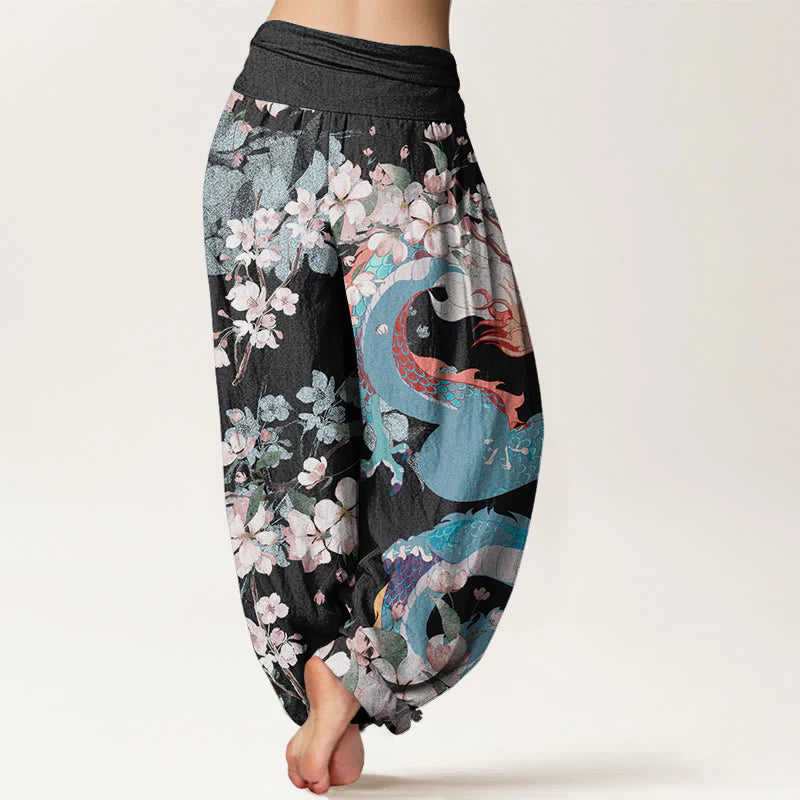 Buddha Stones Cotton Casual Dragon Cherry Blossoms Women's Elastic Waist Harem Pants