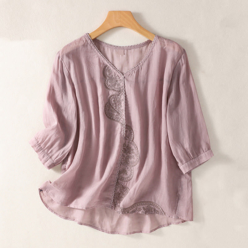 Buddha Stones Casual Embroidered Pattern Women's V-neck Design Half Sleeve Cotton Linen T-shirt
