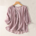 Buddha Stones Casual Embroidered Pattern Women's V-neck Design Half Sleeve Cotton Linen T-shirt