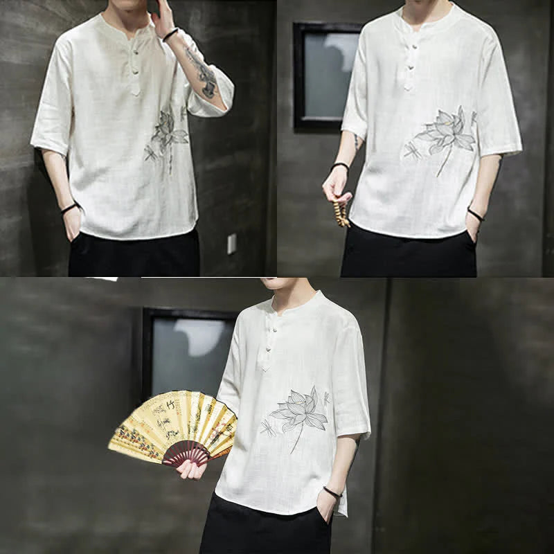 Buddha Stones Summer Embroidered Lotus Dragonfly Pattern Chinese Frog-Button Men's Short Sleeve T-shirt