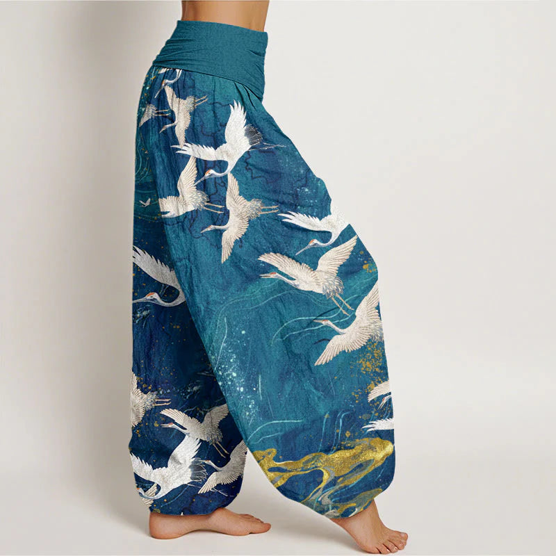 Buddha Stones Cotton Flying White Cranes Auspicious Clouds Design Women's Elastic Waist Harem Pants