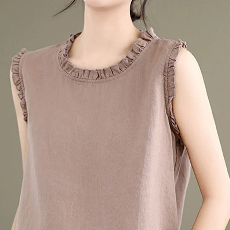 Buddha Stones Summer Ruffled Design Drawstring Crew Neck Cotton Linen Women's Sleeveless Vest