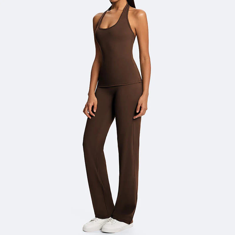 Buddha Stones Solid Crop Halter Backless Sleeveless Top Straight Leg Pants For Sports Fitness Yoga