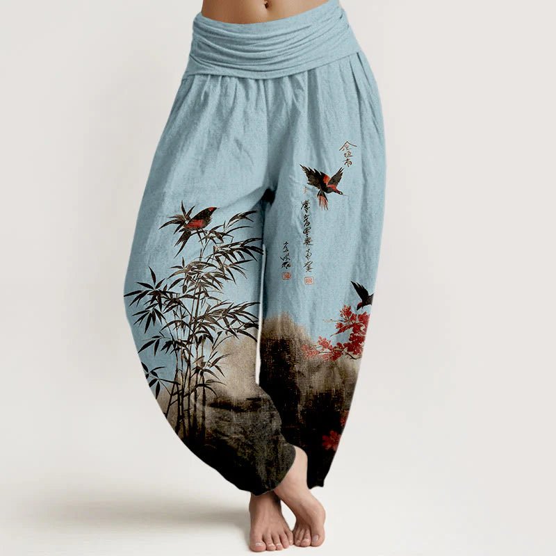 Buddha Stones Cotton Classical Bamboo Bird Flower Pattern Women's Elastic Waist Harem Pants