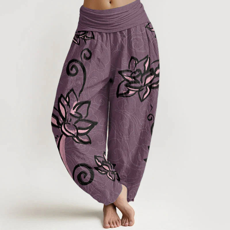Buddha Stones Cotton Casual Lotus Auspicious Clouds Design Women's Elastic Waist Harem Pants