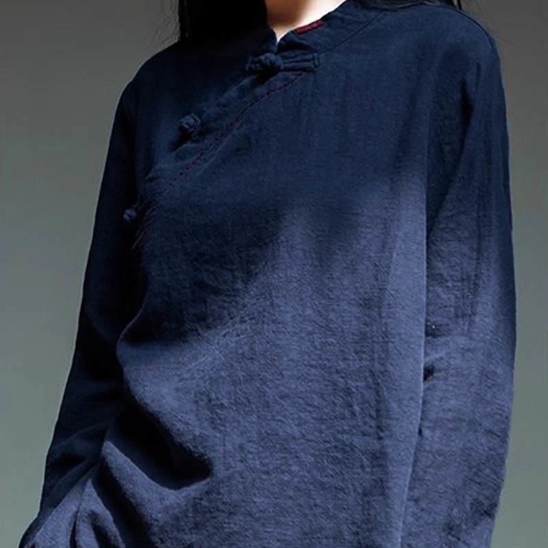 Buddha Stones Oblique Collar Knot button Loose Linen Clothing