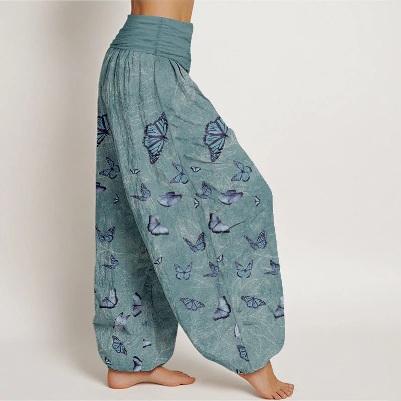 Buddha Stones Cotton Dreamlike Butterfly Leaf Pattern Women's Elastic Waist Harem Pants