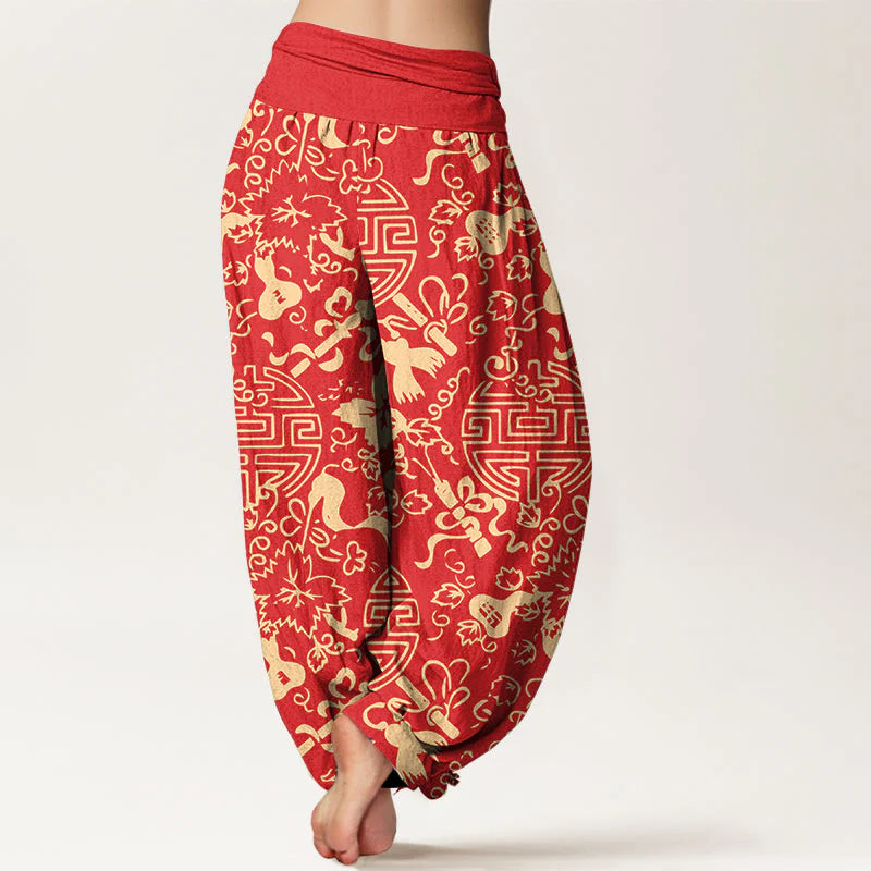 Buddha Stones Pure Cotton Chinese Character Gourd Auspicious Pattern Women's Elastic Waist Harem Pants