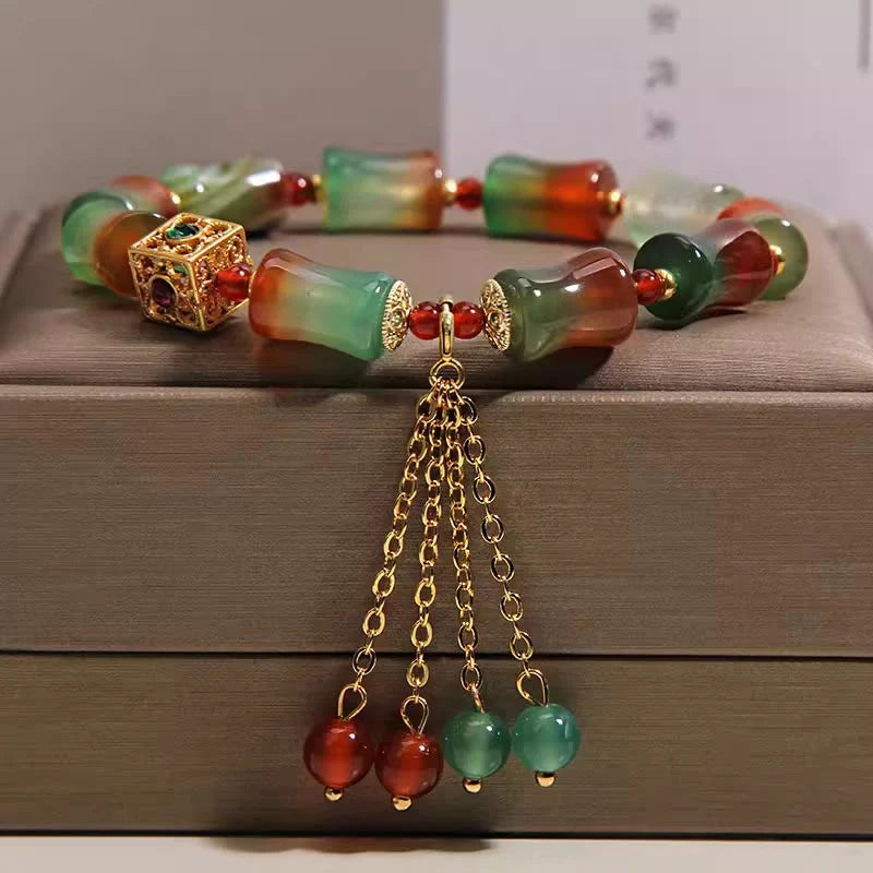 Buddha Stones Colorful Peacock Agate Bamboo Beads Tassel Courage Bracelet