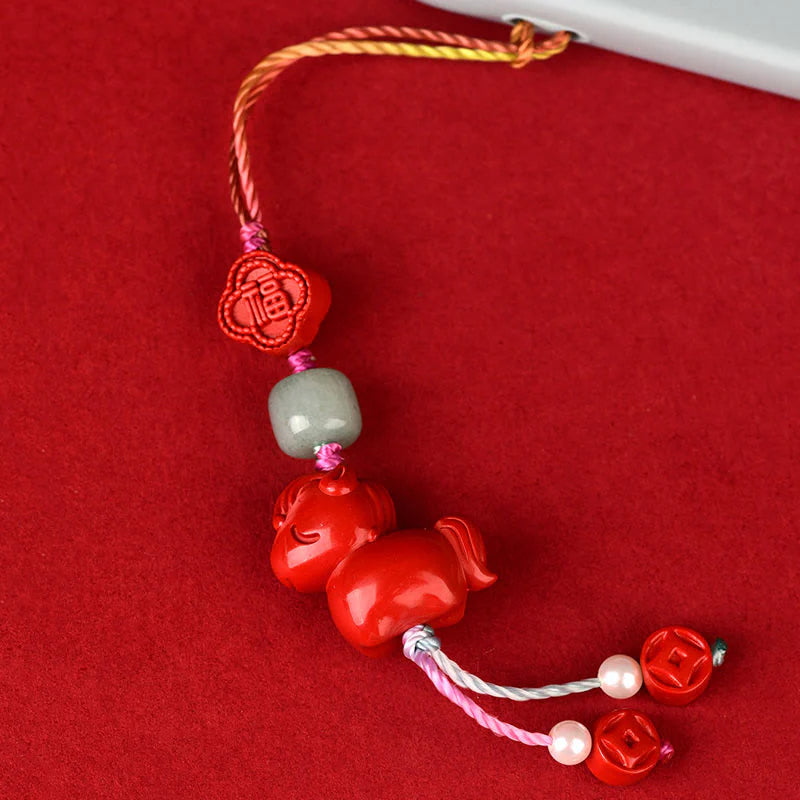 Buddha Stones Year of the Horse Natural Cinnabar Fu Character Blessing Phone Hanging Decoration