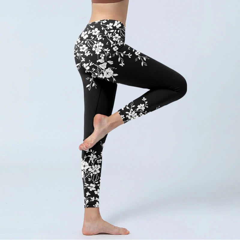 Buddha Stones Gorgeous Minimalist Style Flower Pattern Print Gym Leggings Women's Yoga Pants