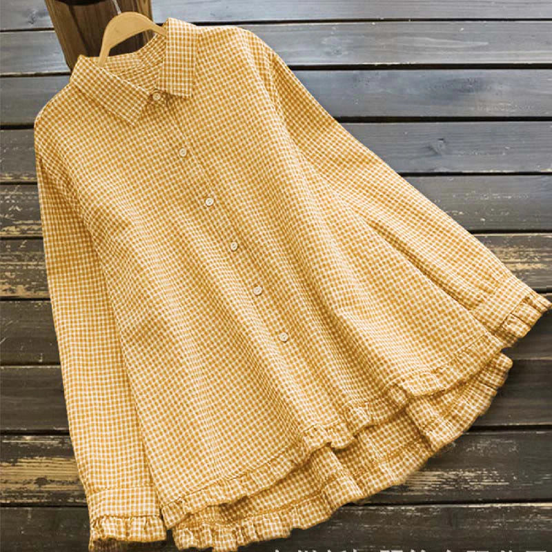 Buddha Stones Spring Plaid Ruffled Hem Design Long Sleeve Women's Cotton Buttons Shirt