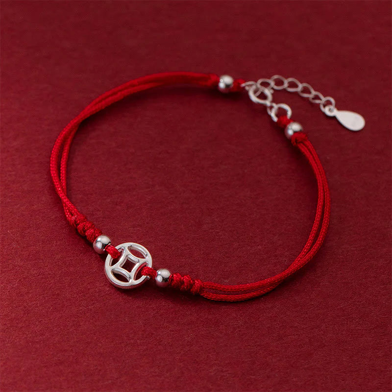 Buddha Stones 925 Sterling Silver Hollow Copper Coin Luck String Bracelet