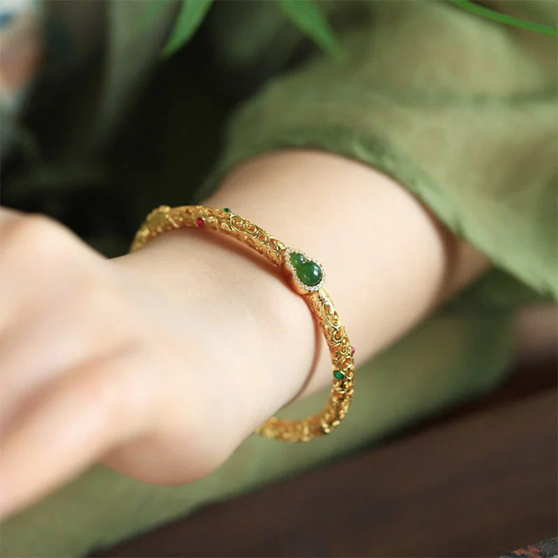 FREE Today: Healing and Harmony Cyan Jade Copper Plated Gold Auspicious Clouds Gourd Bracelet Bangle