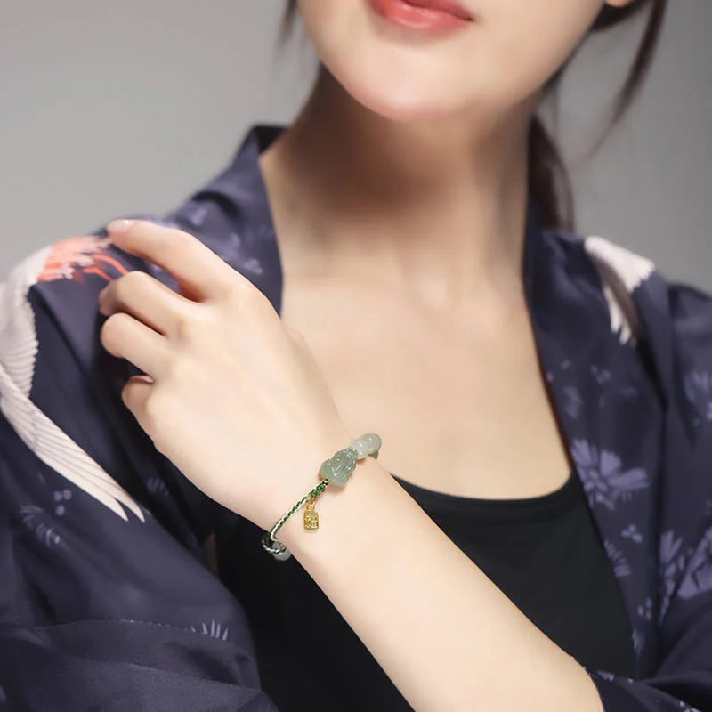 Buddha Stones Natural Hetian Jade PiXiu Luck Fu Character String Bracelet
