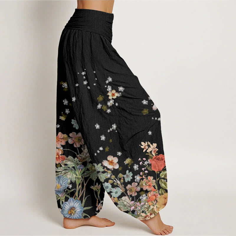 Buddha Stones Cotton Various Flowers Pattern Women's Elastic Waist Harem Pants