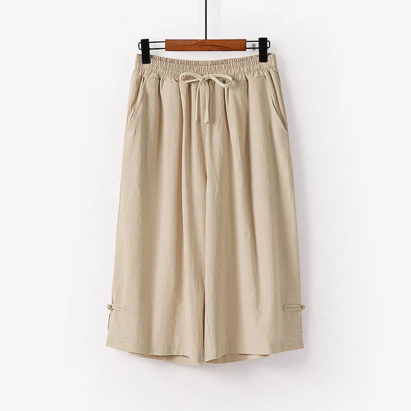Buddha Stones Plain Drawstring Design Men's Capri Cropped Cotton Linen Wide Leg Pants With Pockets