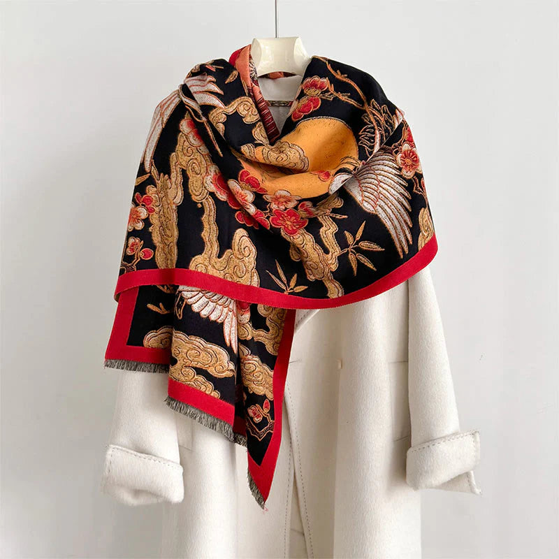 Buddha Stones Winter Crane Plum Blossom Auspicious Clouds Pattern Tassels Cozy Scarf Shawl
