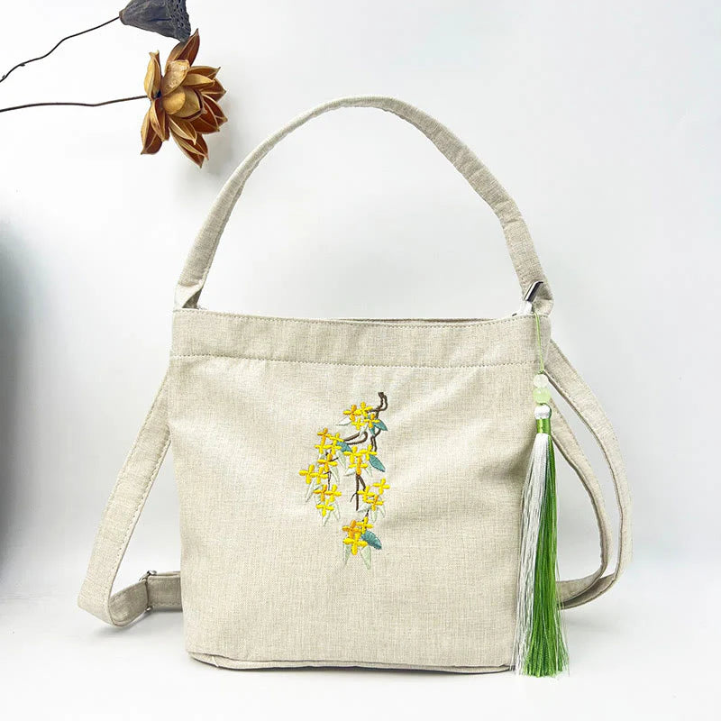 Buddha Stones Embroidery Wisteria Plum Lotus Cherry Blossom Cotton Linen Canvas Tote Crossbody Bag Shoulder Bag Handbag