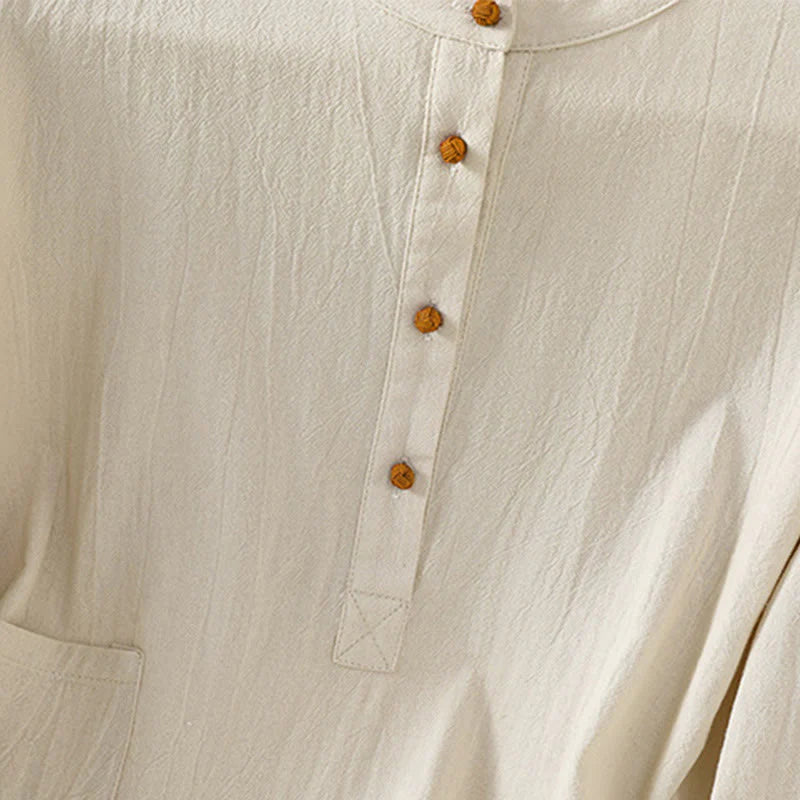 Buddha Stones Summer Casual Pure Color Half Button Simple Design Women's Cotton Linen Half Sleeve Shirt With Pocket