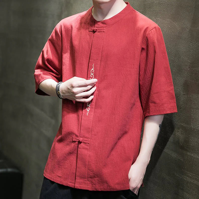 Buddha Stones Casual Solid Color Frog-Button Embroidery Men's Cotton Linen Shirt Cardigan