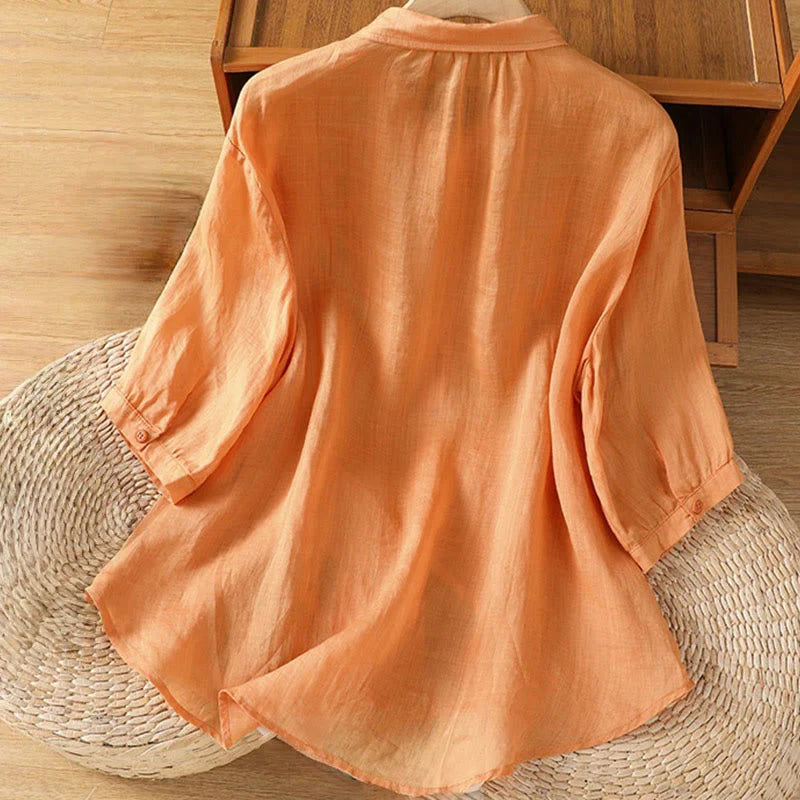 Buddha Stones Casual Plant Embroidery Stand Collar Women's Cotton Blend Three Quarter Sleeve Shirt
