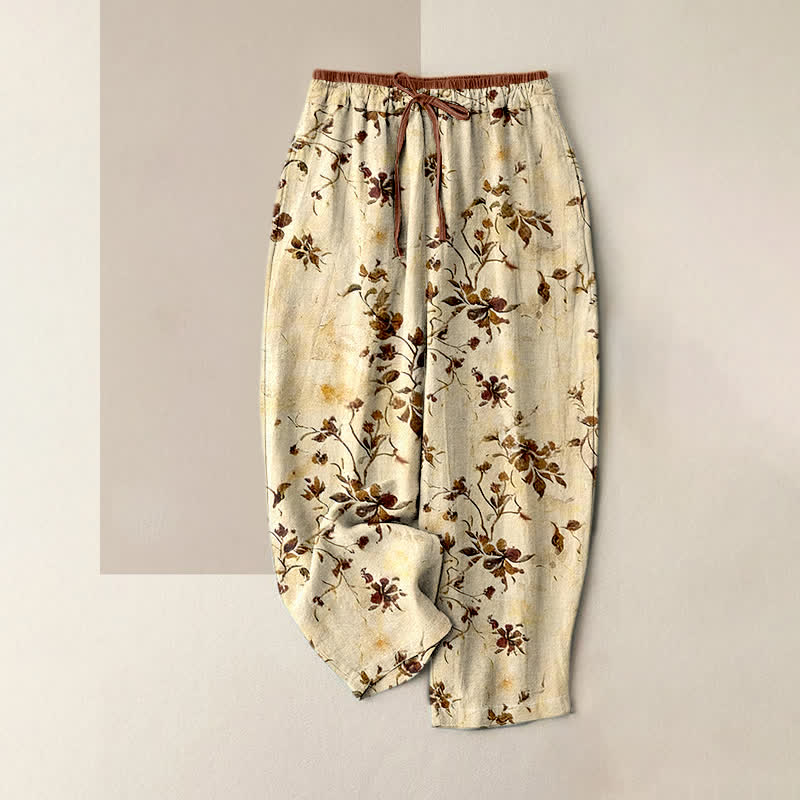 Buddha Stones Pure Cotton Retro Branch Flowers Pattern Elastic Waist Women's Pants With Pockets