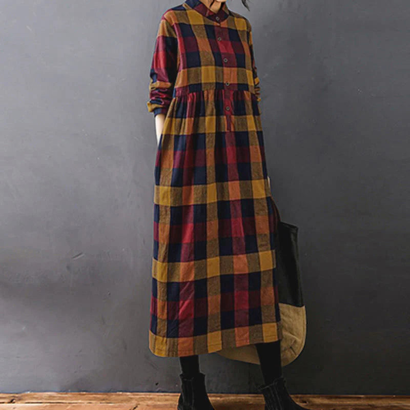 Buddha Stones Commute Patchwork Color Plaid Long Sleeve Cotton Midi Dress