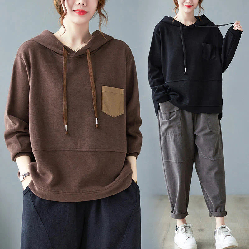 Buddha Stones Fall Solid Color Decorative Pocket Cotton Long Sleeve Women's Hoodie