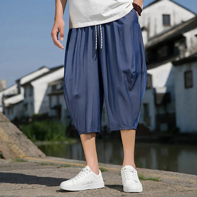 Buddha Stones Summer Elastic Waist Drawstring Solid Color Half Men's Tapered Pants With Pockets