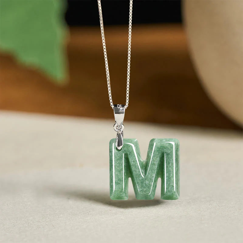 Buddha Stones Natural A-Z Letter Jade 925 Sterling Silver Silm Chain Prosperity Necklace Pendant