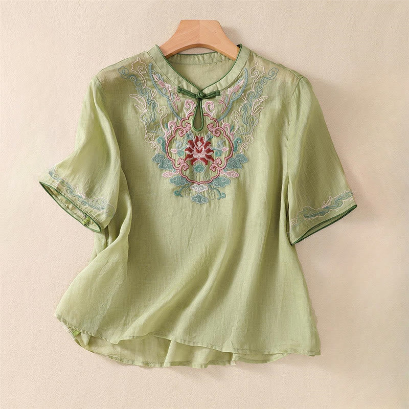 Buddha Stones Casual Retro Embroidery Frog-Button Design Women's Cotton Linen Half Sleeve Shirt